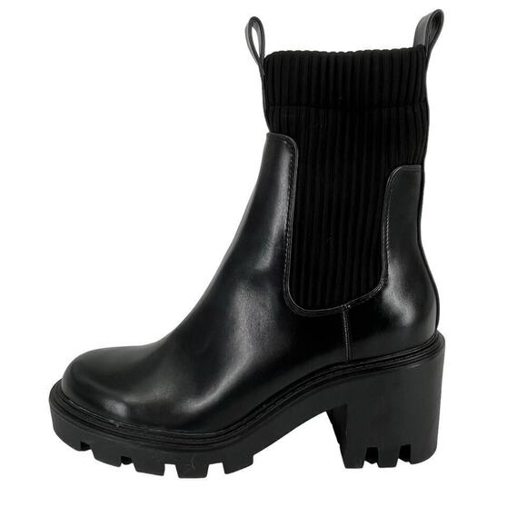 Zara Chelsea Boots Lug Sole Ribbed Sock Mid Calf Black Faux‎ Leather 38 - Picture 1 of 10